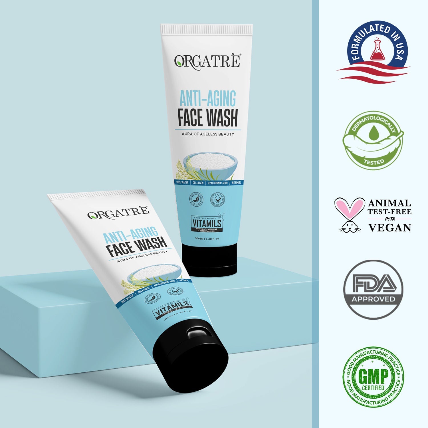 Orgatre Anti-Aging Face Wash With Rice Water, Collagen, Hyaluronic Acid & Retinol For Youthful Skin
