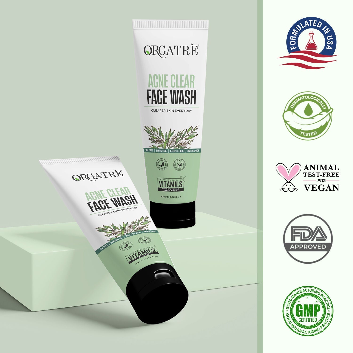 Orgatre 2% Salicylic Acid & Niacinamide Acne Clear Face Wash With Tea Tree For Acne-Prone Skin