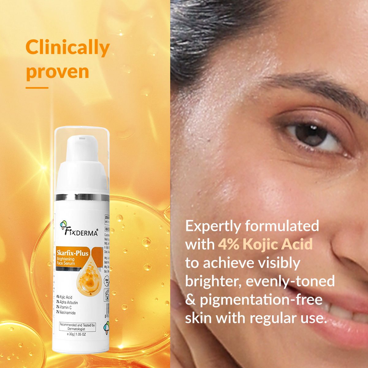 Fixderma Skarfix Plus 4% Kojic Acid Brightening Face Serum Fades Dark Spots & Hyperpigmentation