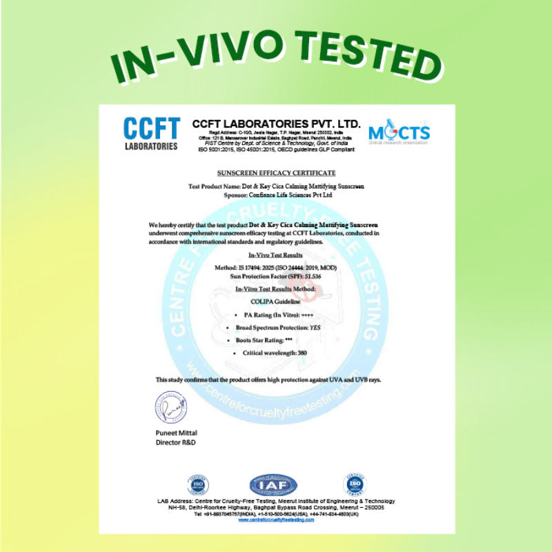 Dot & Key Cica Calming Mattifying Sunscreen In-Vivo Tested SPF 50+ PA++++, With Niacinamide