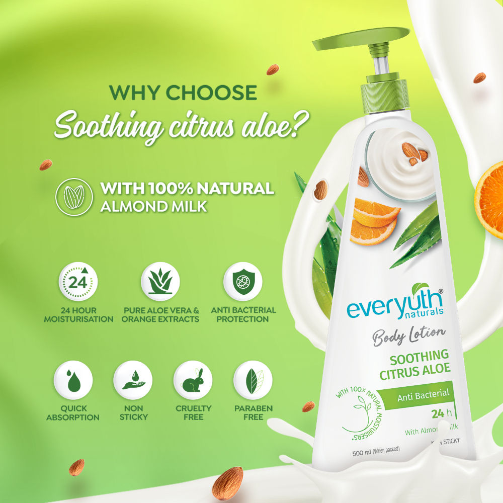 Everyuth Naturals Body Lotion - Soothing Citrus Aloe with Almond Milk, Anti-Bacterial, Non Sticky