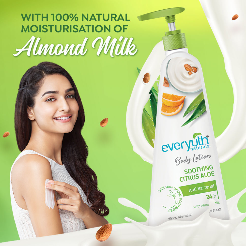 Everyuth Naturals Body Lotion - Soothing Citrus Aloe with Almond Milk, Anti-Bacterial, Non Sticky