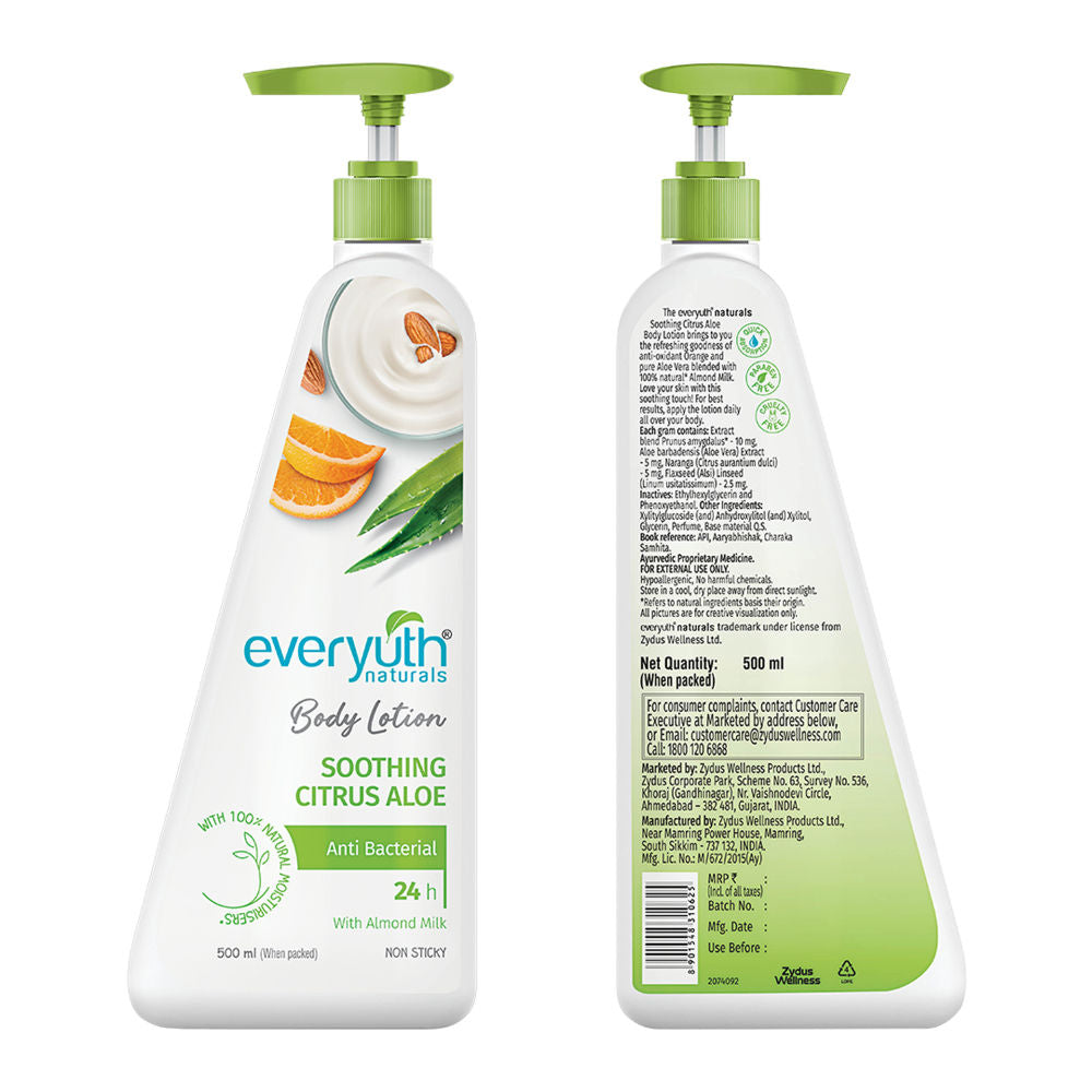 Everyuth Naturals Body Lotion - Soothing Citrus Aloe with Almond Milk, Anti-Bacterial, Non Sticky