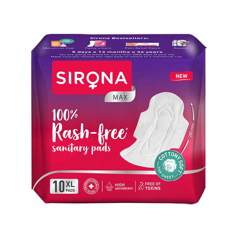 Sirona Cottony Soft Rash Free Sanitary Pads For Women, 10 Pcs (Xl), Ultra Soft, Breathable Top Layer