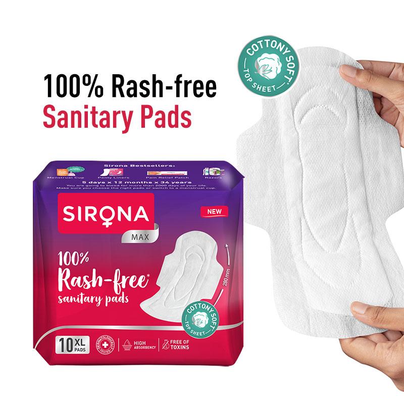 Sirona Cottony Soft Rash Free Sanitary Pads For Women, 10 Pcs (Xl), Ultra Soft, Breathable Top Layer