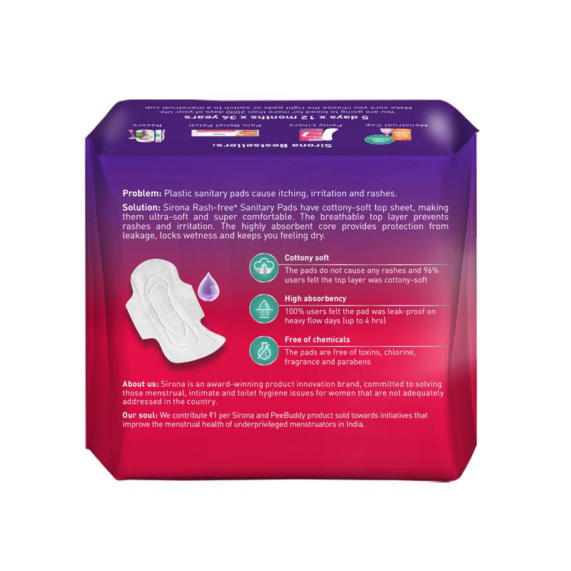 Sirona Cottony Soft Rash Free Sanitary Pads For Women, 10 Pcs (Xl), Ultra Soft, Breathable Top Layer
