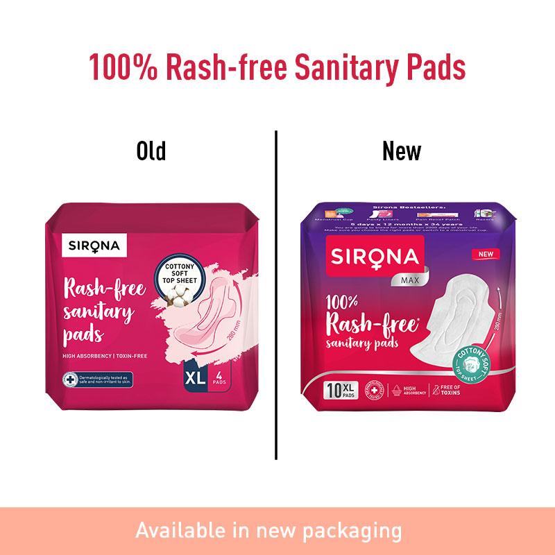 Sirona Cottony Soft Rash Free Sanitary Pads For Women, 10 Pcs (Xl), Ultra Soft, Breathable Top Layer