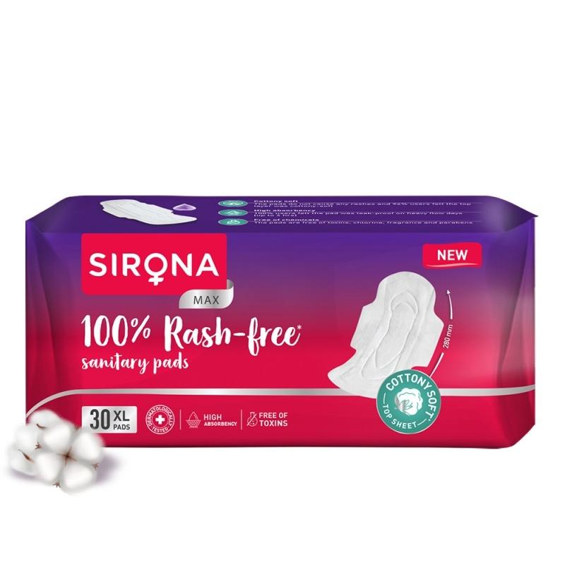 Sirona Cottony Soft Rash Free Sanitary Pads For Women, 30 Pcs (Xl) Ultra Thin & Breathable Top Layer