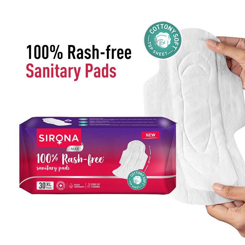 Sirona Cottony Soft Rash Free Sanitary Pads For Women, 30 Pcs (Xl) Ultra Thin & Breathable Top Layer