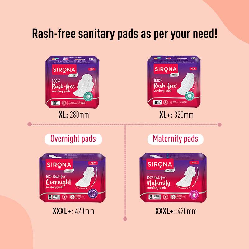 Sirona Cottony Soft Rash Free Sanitary Pads For Women, 30 Pcs (Xl) Ultra Thin & Breathable Top Layer