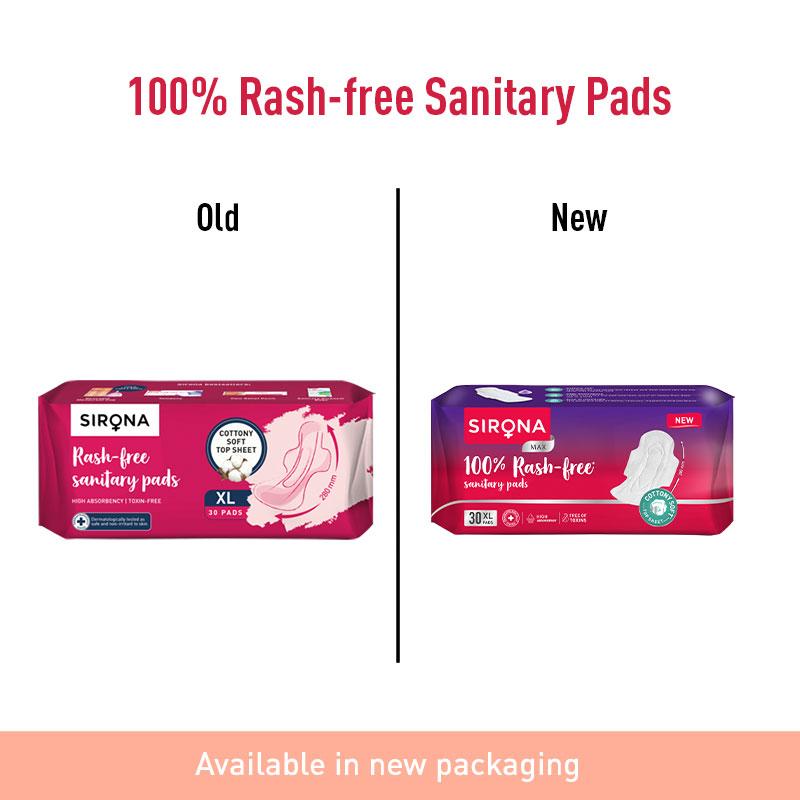 Sirona Cottony Soft Rash Free Sanitary Pads For Women, 30 Pcs (Xl) Ultra Thin & Breathable Top Layer