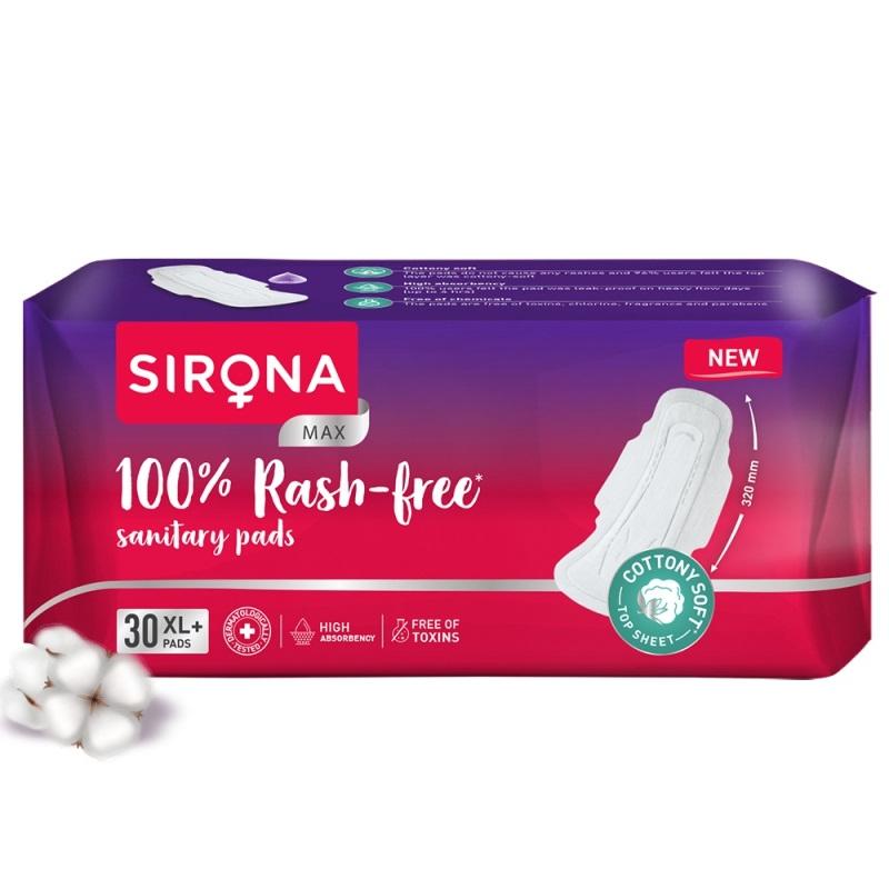 Sirona Cottony Soft Rash Free Sanitary Pads For Women 30 Pcs (Xl+) Ultra Thin & Breathable Top Layer