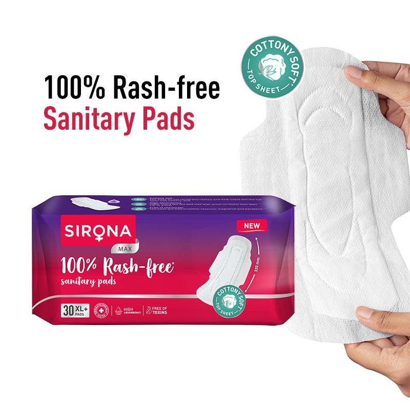 Sirona Cottony Soft Rash Free Sanitary Pads For Women 30 Pcs (Xl+) Ultra Thin & Breathable Top Layer