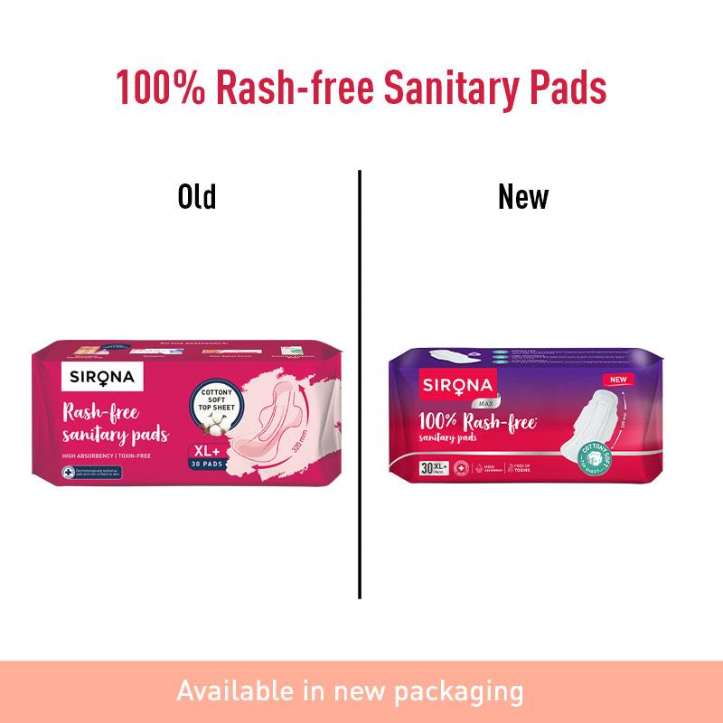 Sirona Cottony Soft Rash Free Sanitary Pads For Women 30 Pcs (Xl+) Ultra Thin & Breathable Top Layer