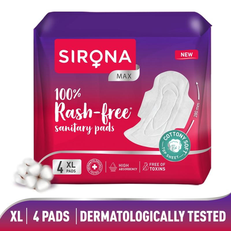 Sirona Cottony Soft Rash Free Sanitary Pads For Women, 4 Pcs (XL), Ultra Thin & Breathable Top Layer