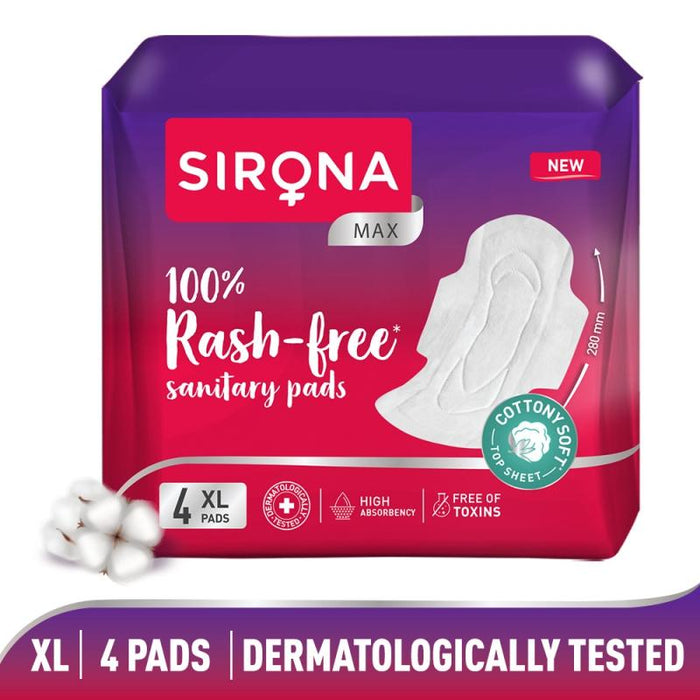 Sirona Cottony Soft Rash Free Sanitary Pads For Women, 4 Pcs (XL), Ultra Thin & Breathable Top Layer