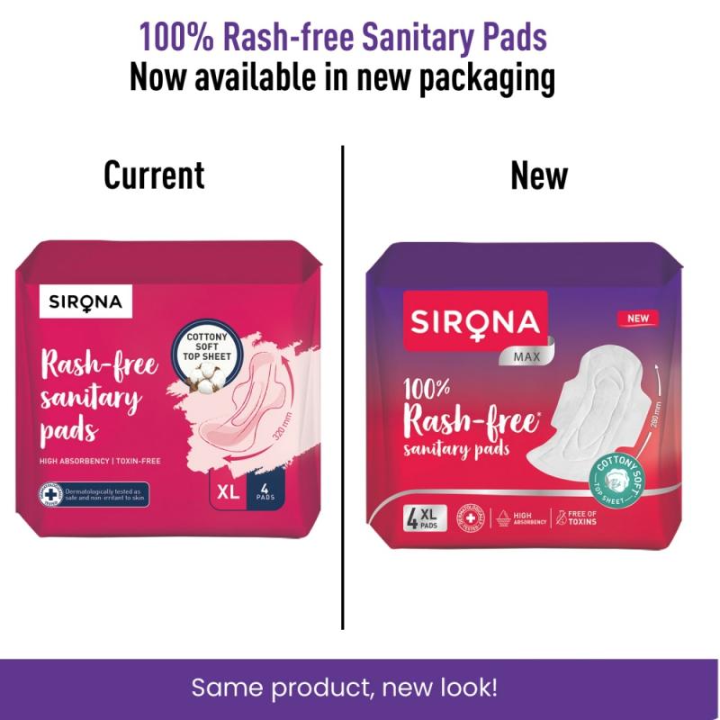 Sirona Cottony Soft Rash Free Sanitary Pads For Women, 4 Pcs (XL), Ultra Thin & Breathable Top Layer