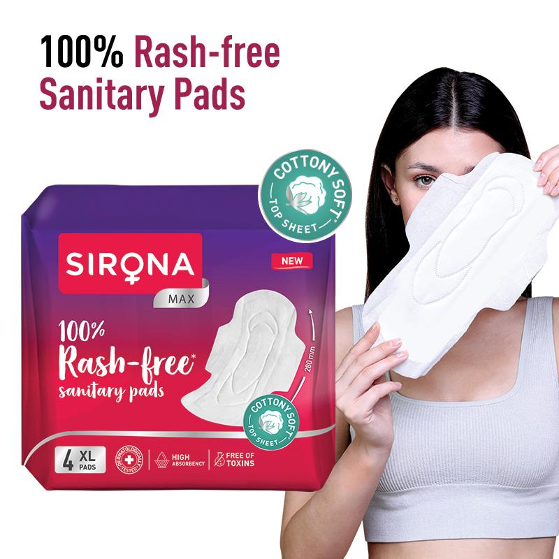 Sirona Cottony Soft Rash Free Sanitary Pads For Women, 4 Pcs (XL), Ultra Thin & Breathable Top Layer