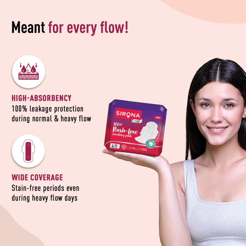 Sirona Cottony Soft Rash Free Sanitary Pads For Women, 4 Pcs (XL), Ultra Thin & Breathable Top Layer