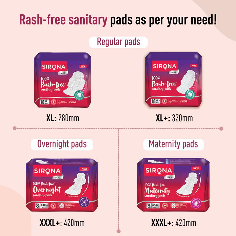Sirona Cottony Soft Rash Free Sanitary Pads For Women, 4 Pcs (XL), Ultra Thin & Breathable Top Layer