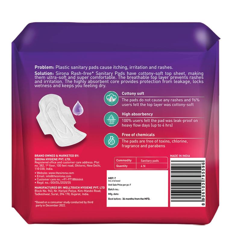 Sirona Cottony Soft Rash Free Sanitary Pads For Women, 4 Pcs (XL), Ultra Thin & Breathable Top Layer