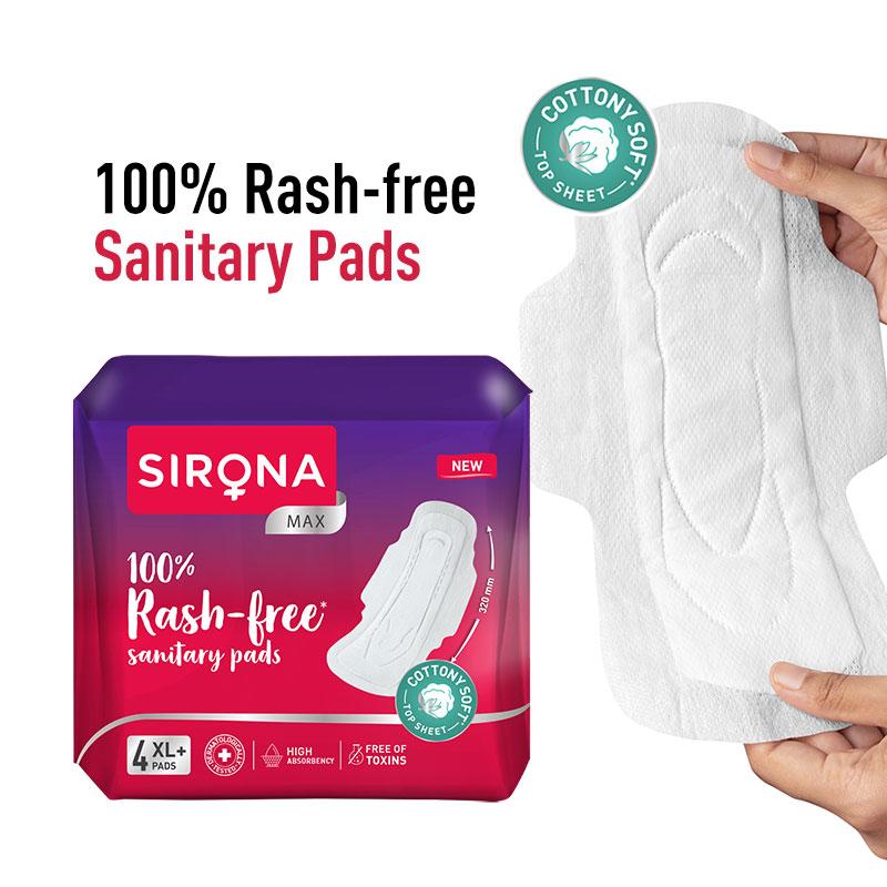 Sirona Cottony Soft Rash Free Sanitary Pads For Women, 4 Pcs (XL+) Ultra Thin & Breathable Top Layer
