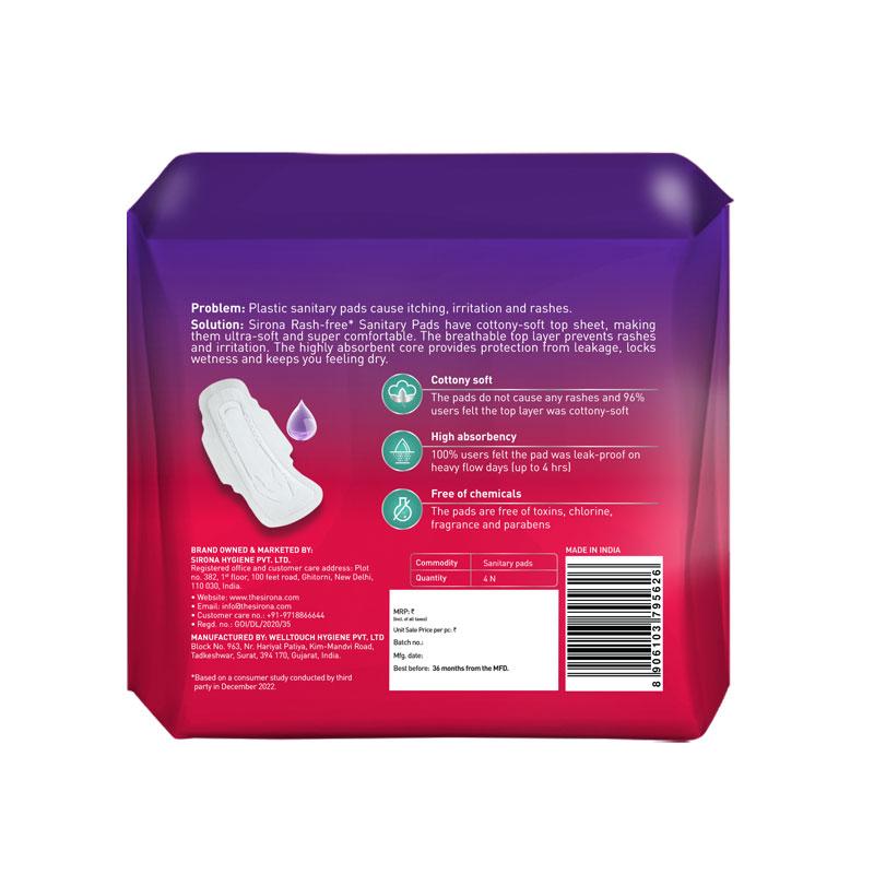 Sirona Cottony Soft Rash Free Sanitary Pads For Women, 4 Pcs (XL+) Ultra Thin & Breathable Top Layer