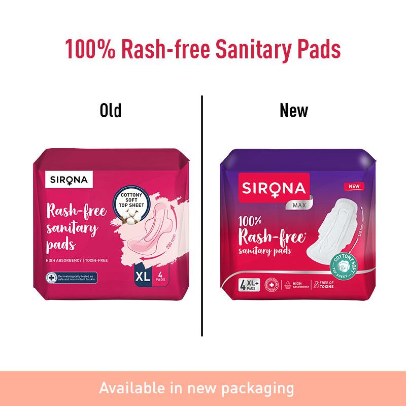 Sirona Cottony Soft Rash Free Sanitary Pads For Women, 4 Pcs (XL+) Ultra Thin & Breathable Top Layer
