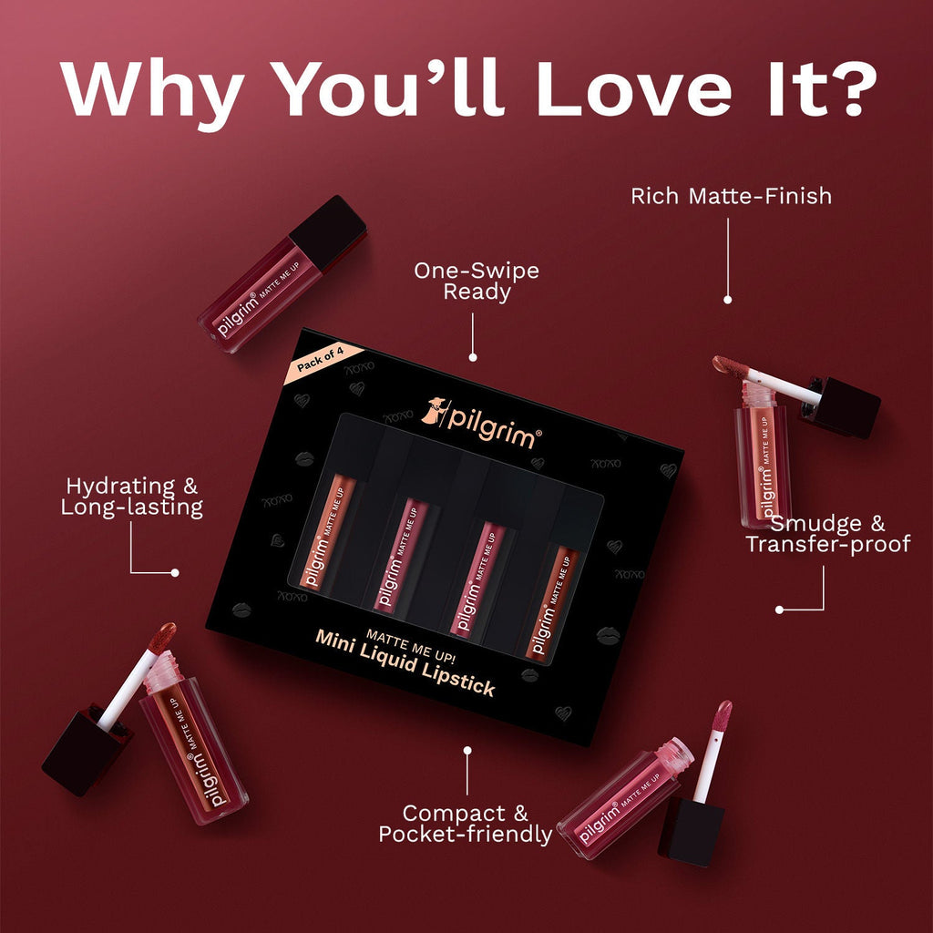Pilgrim Matte Mini Liquid Lipstick 4 In 1 Pack Smudgeproof, Hydrating & Lightweight