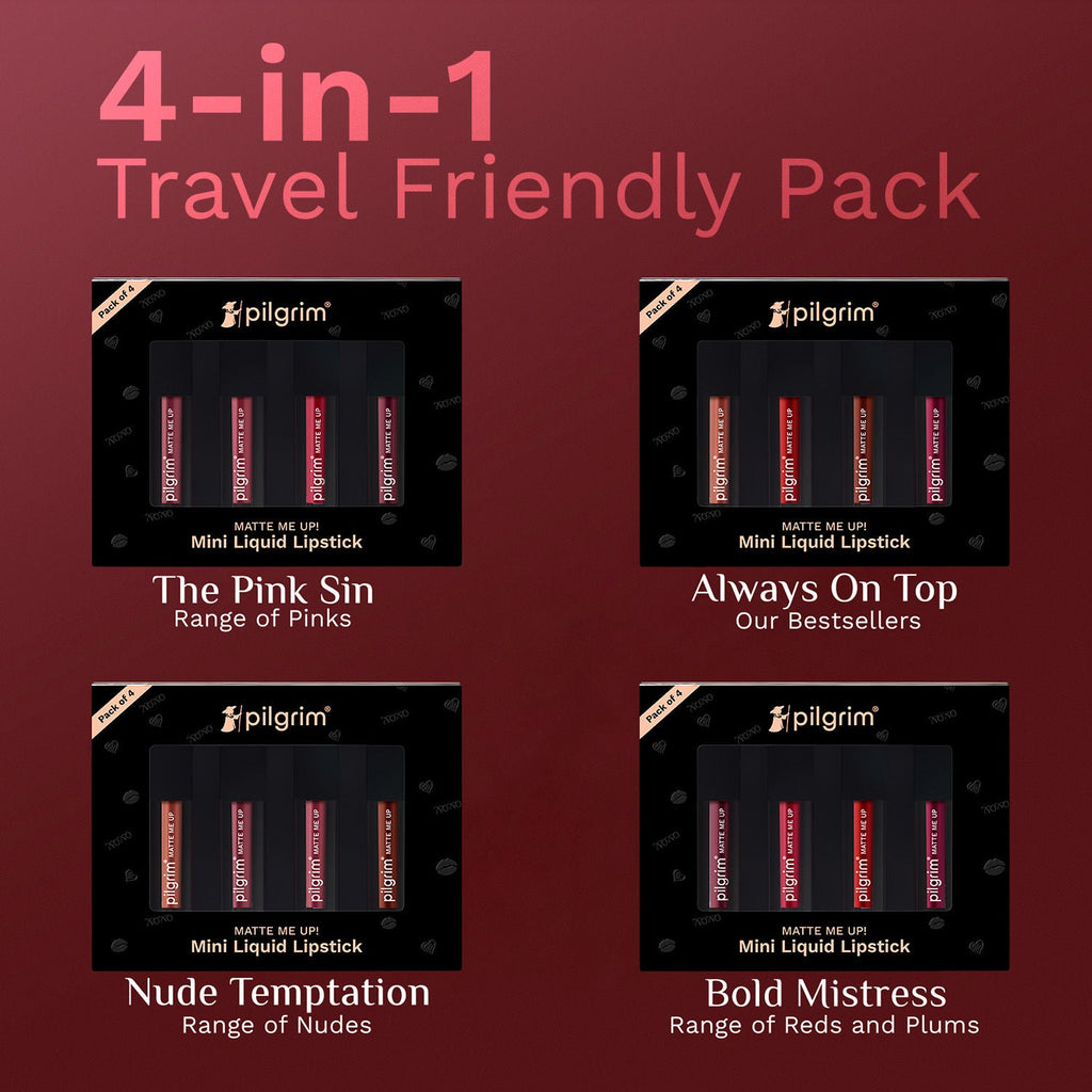 Pilgrim Matte Mini Liquid Lipstick 4 In 1 Pack Smudgeproof, Hydrating & Lightweight