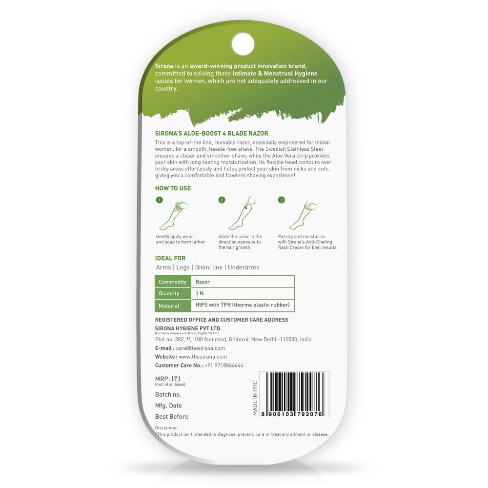 Sirona Reusable 4 Blade Shaving Razor For Women For Pain-free Body Hair Removal With Aloe Vera Lubrication