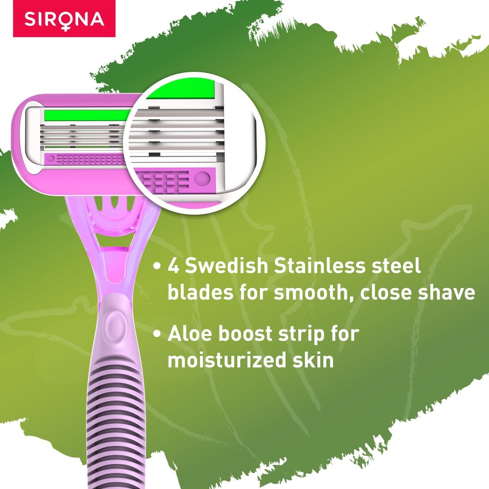 Sirona Reusable 4 Blade Shaving Razor For Women For Pain-free Body Hair Removal With Aloe Vera Lubrication
