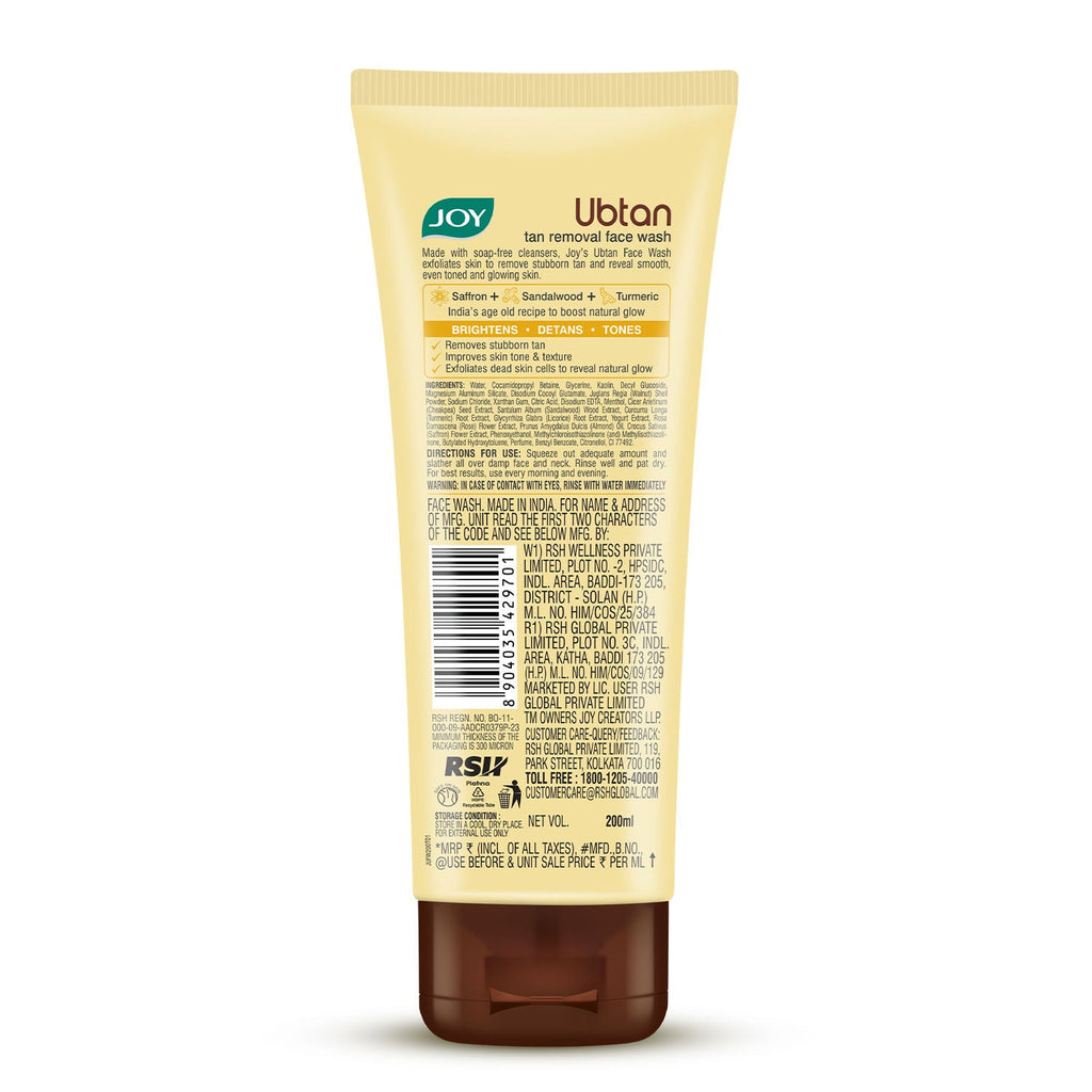 Joy Ubtan Tan Removal Face Wash, For Natural Glowing Skin