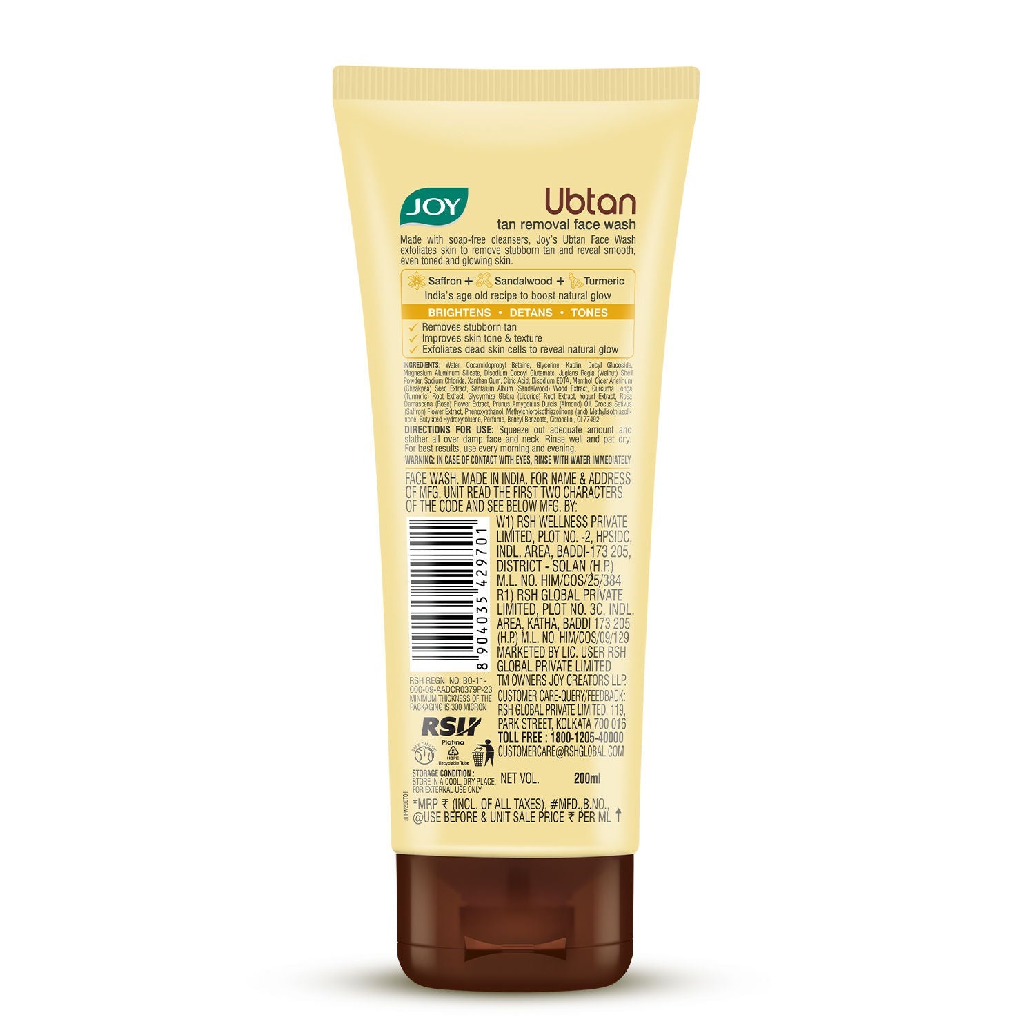 Joy Ubtan Tan Removal Face Wash, For Natural Glowing Skin
