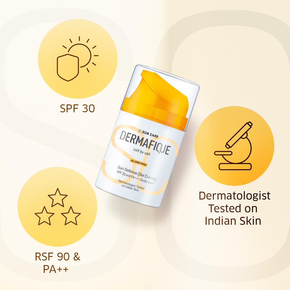 Dermafique Sun Defense Gel Crème, SPF 30, PA +++ Sunscreen 50g, Prevents Tanning & Pigmentation