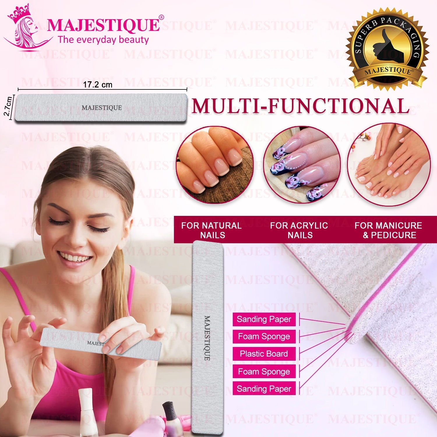 Majestique Reusable Nail File, Double-Sided Grit Cuticle Pusher for Nail Care Manicure Tool