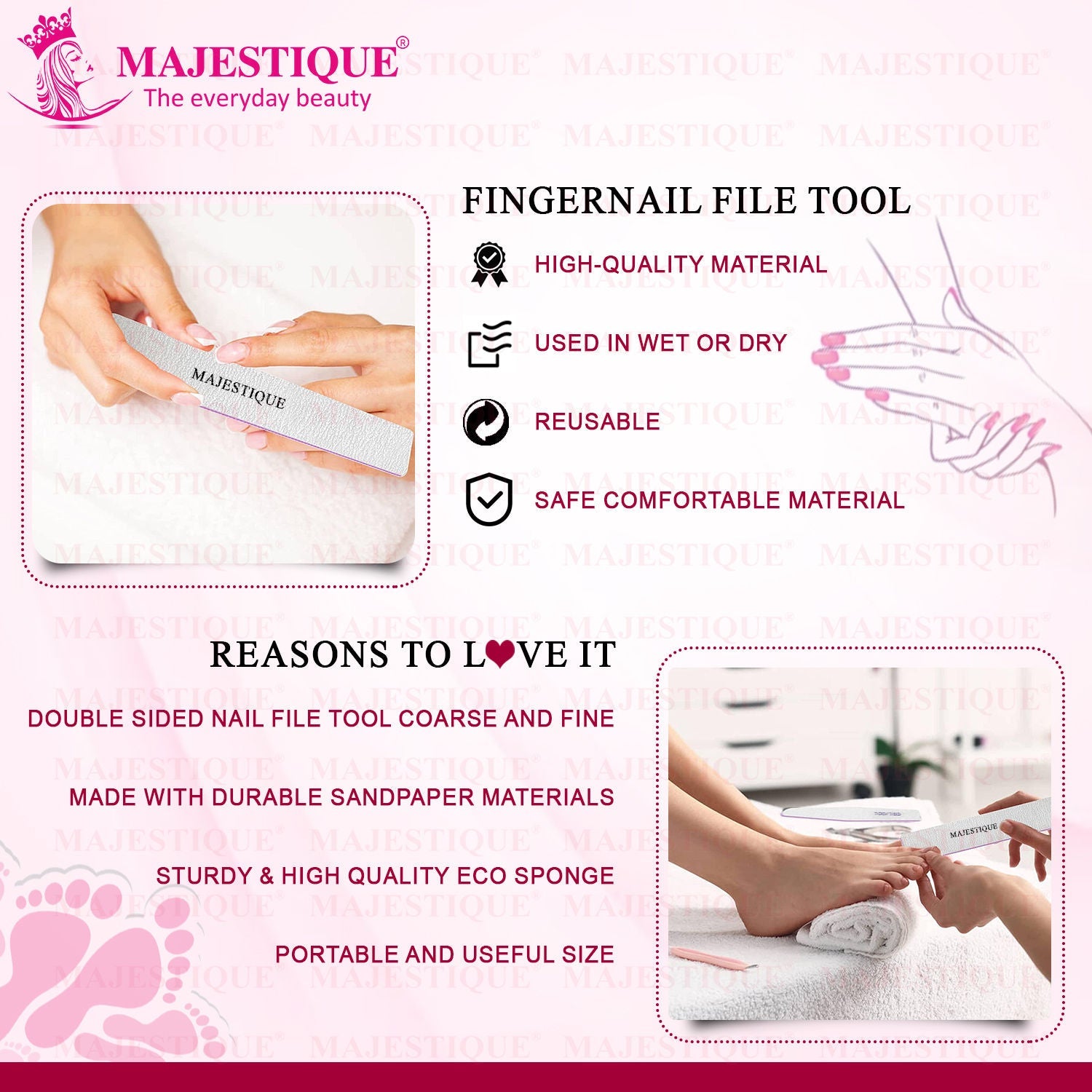 Majestique Reusable Nail File, Double-Sided Grit Cuticle Pusher for Nail Care Manicure Tool