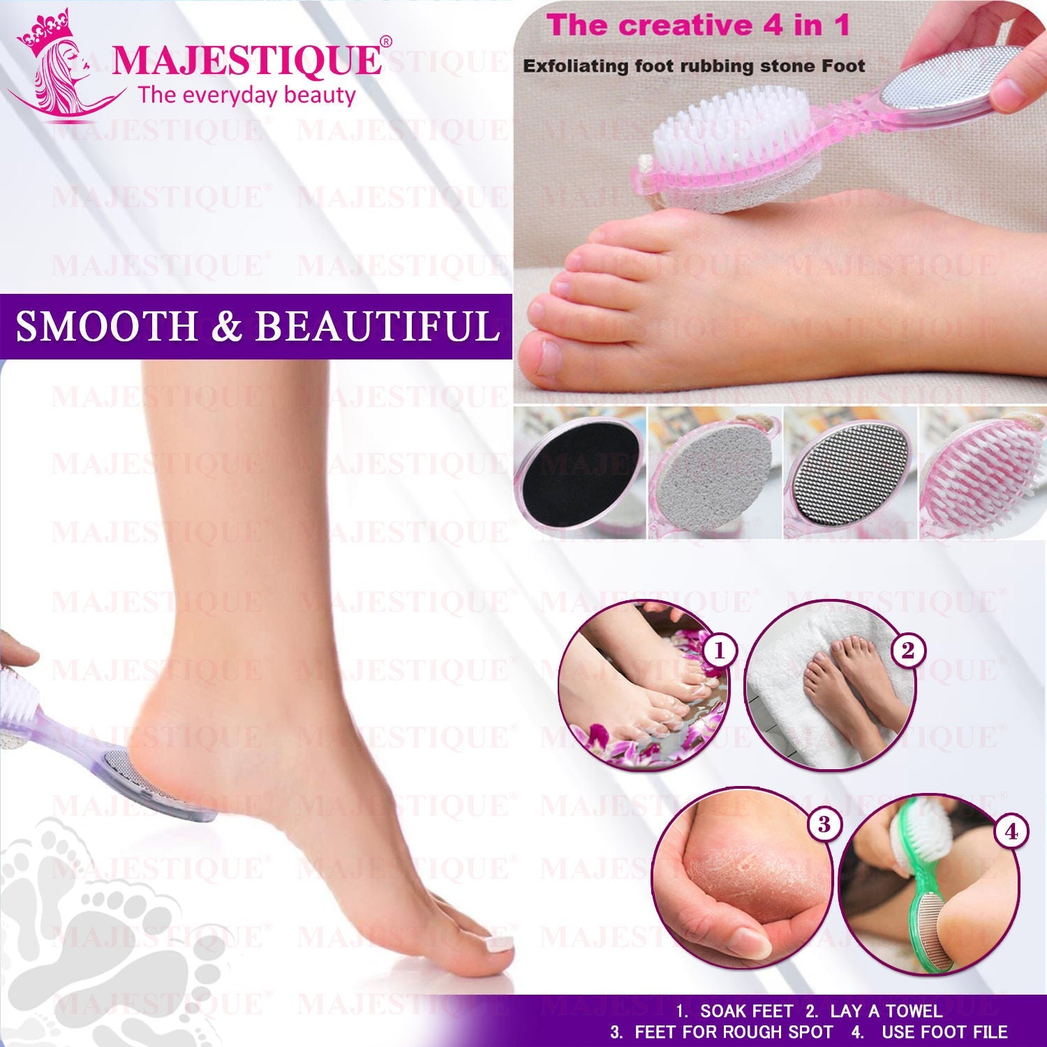 Majestique 4-in-1 Hard Skin Remover for Legs - Foot Brush & Pedicure Tool - Color May Vary