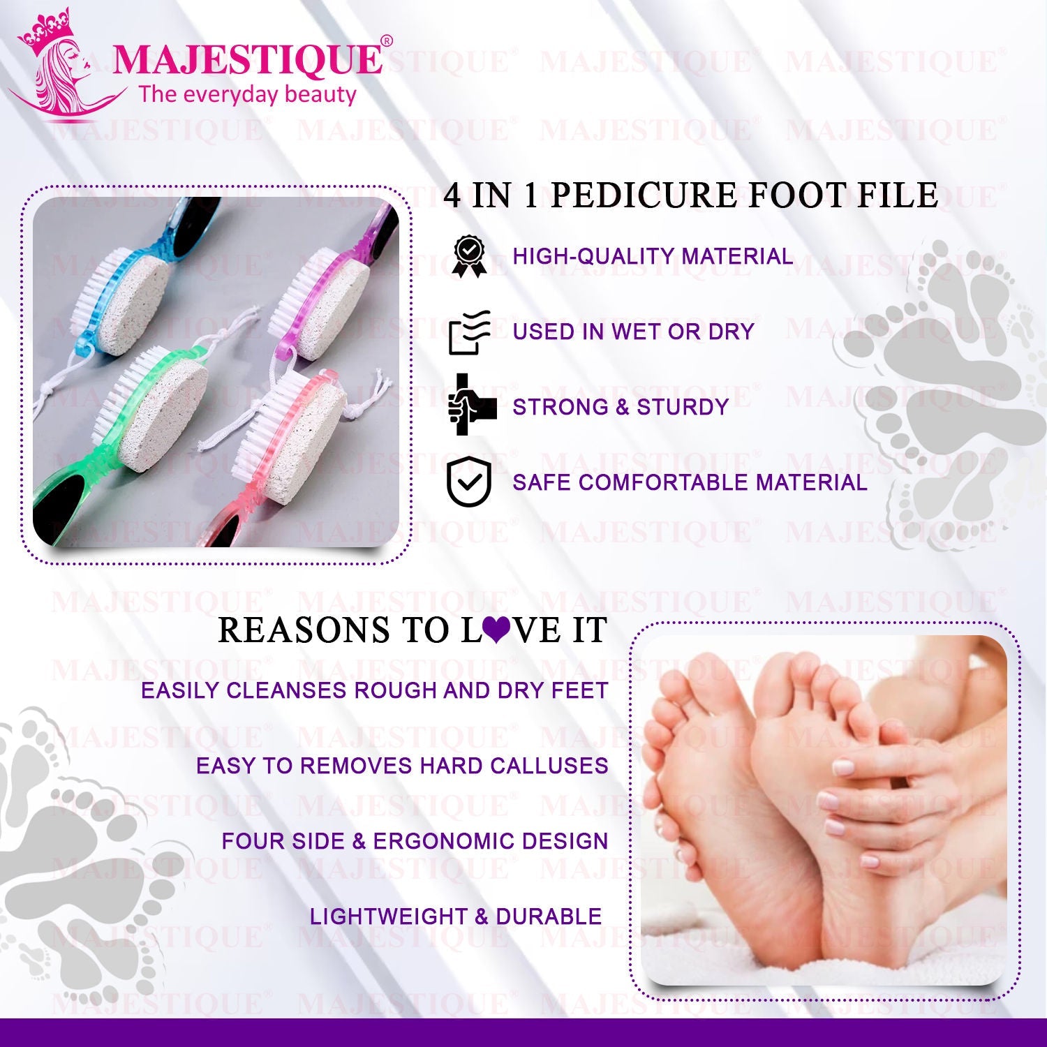 Majestique 4-in-1 Hard Skin Remover for Legs - Foot Brush & Pedicure Tool - Color May Vary