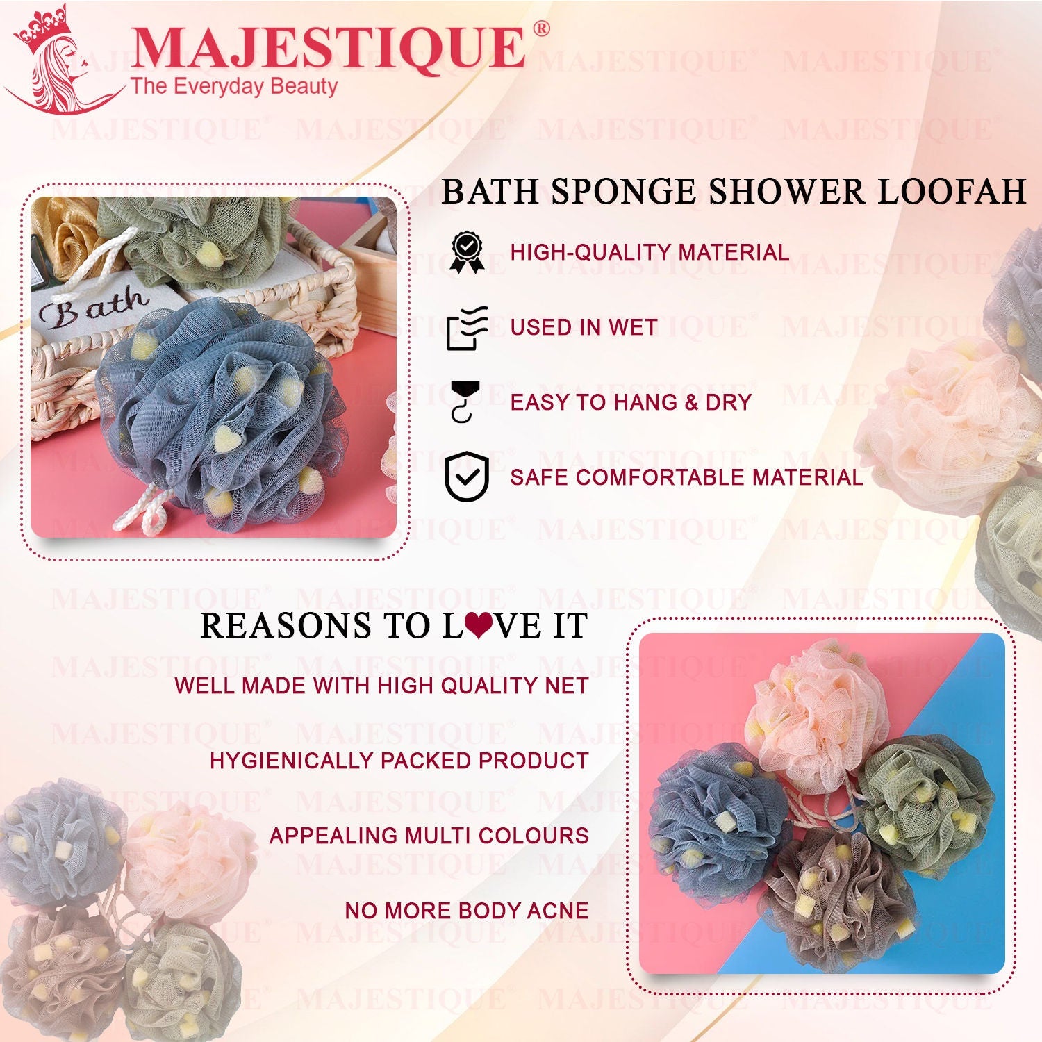 Majestique Loofah With Active Spheres Mesh Shower Sponge (Color May Vary)