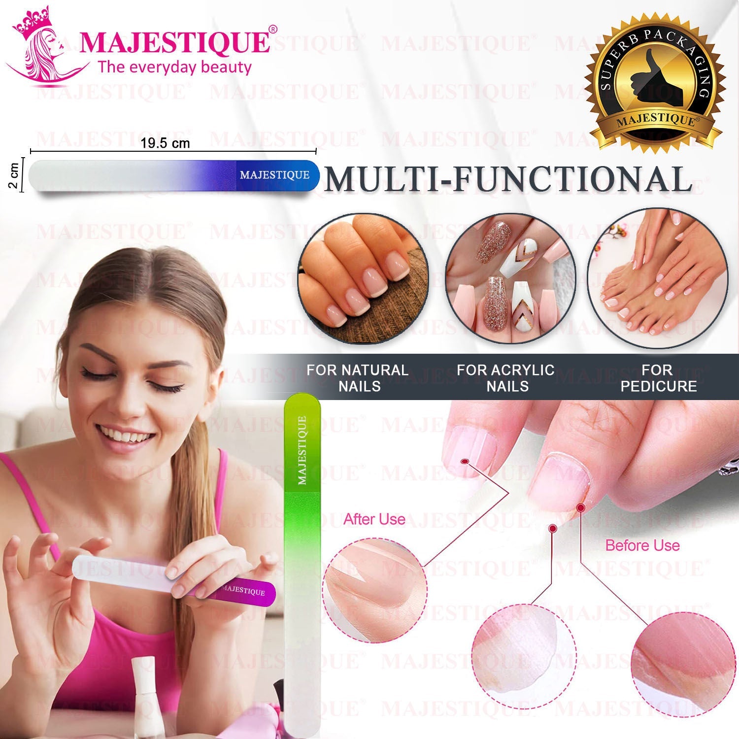 Majestique Nail Filer Glass - Professional Manicure Tool for Women and Girls - Color May Vary