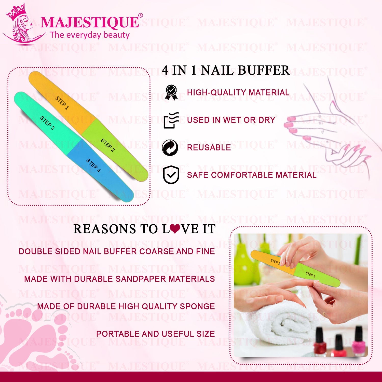 Majestique 4-Way Nail File & Buffer for All Nails - Buffer Block, Nail Shiner - Color May Vary