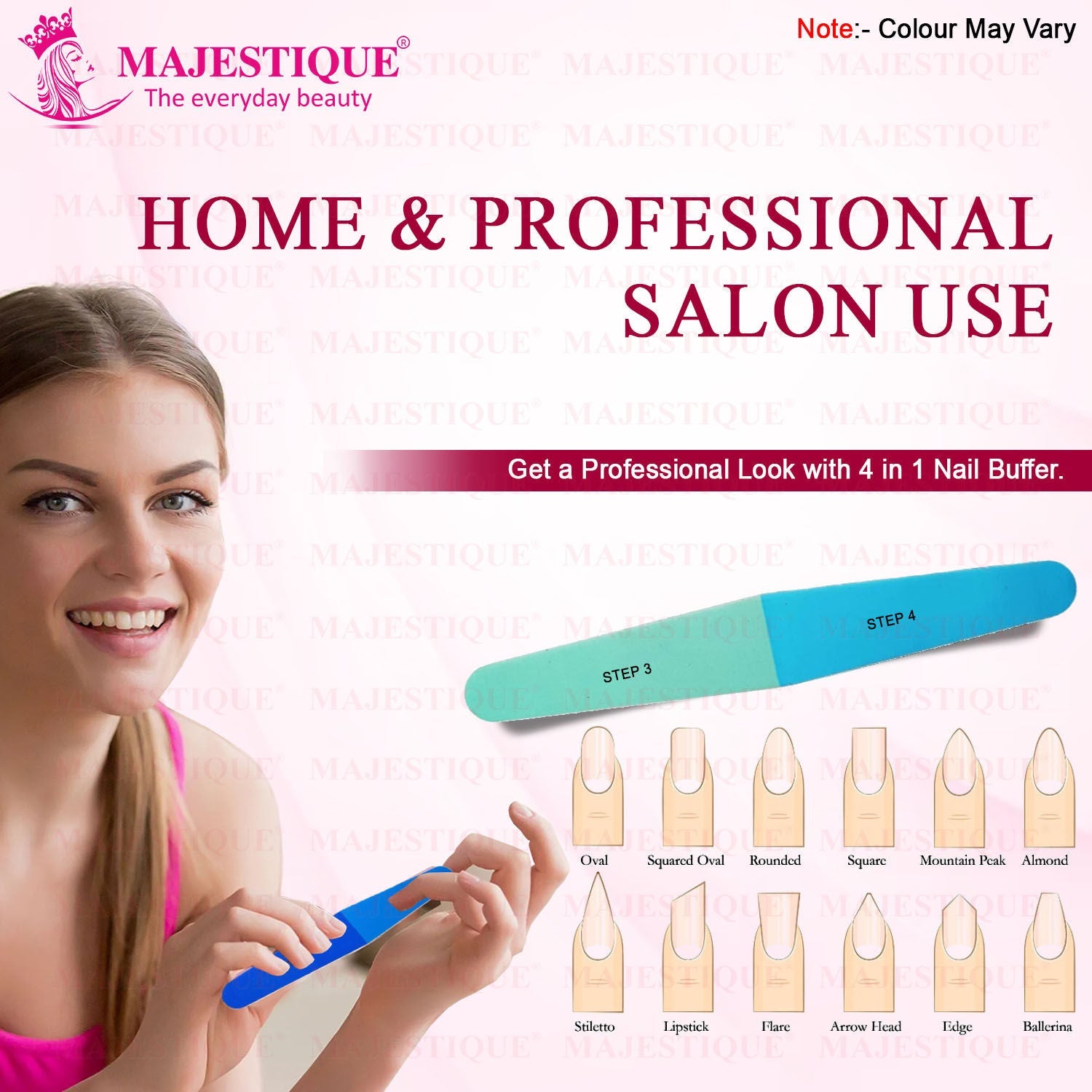 Majestique 4-Way Nail File & Buffer for All Nails - Buffer Block, Nail Shiner - Color May Vary
