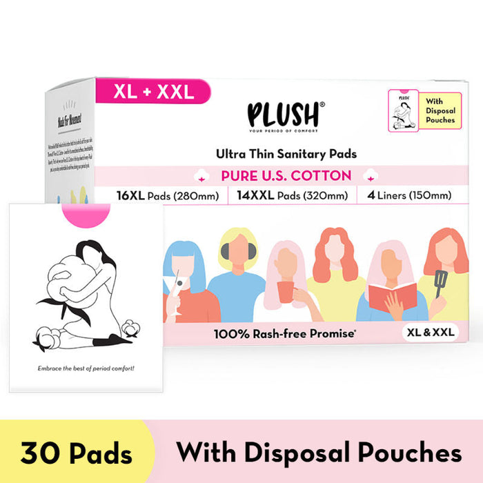 Plush Sanitary Pads 100% Cotton Rash-Free - 16XL + 14XXL+ 4 Free Liners