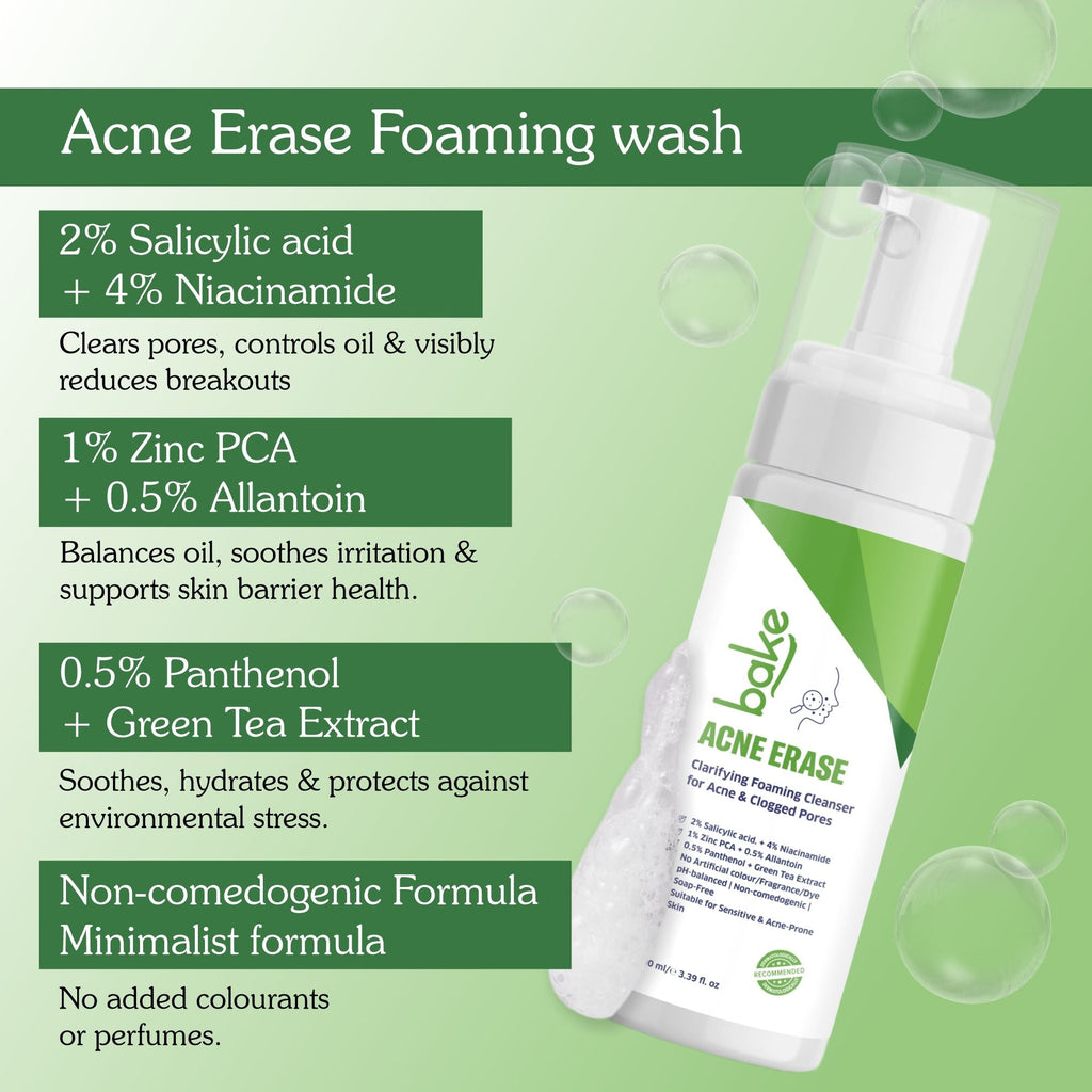 BAKE Acne Erase Foaming Cleanser with 2% Salicylic Acid for Acne, Clogged Pores & Oil Control