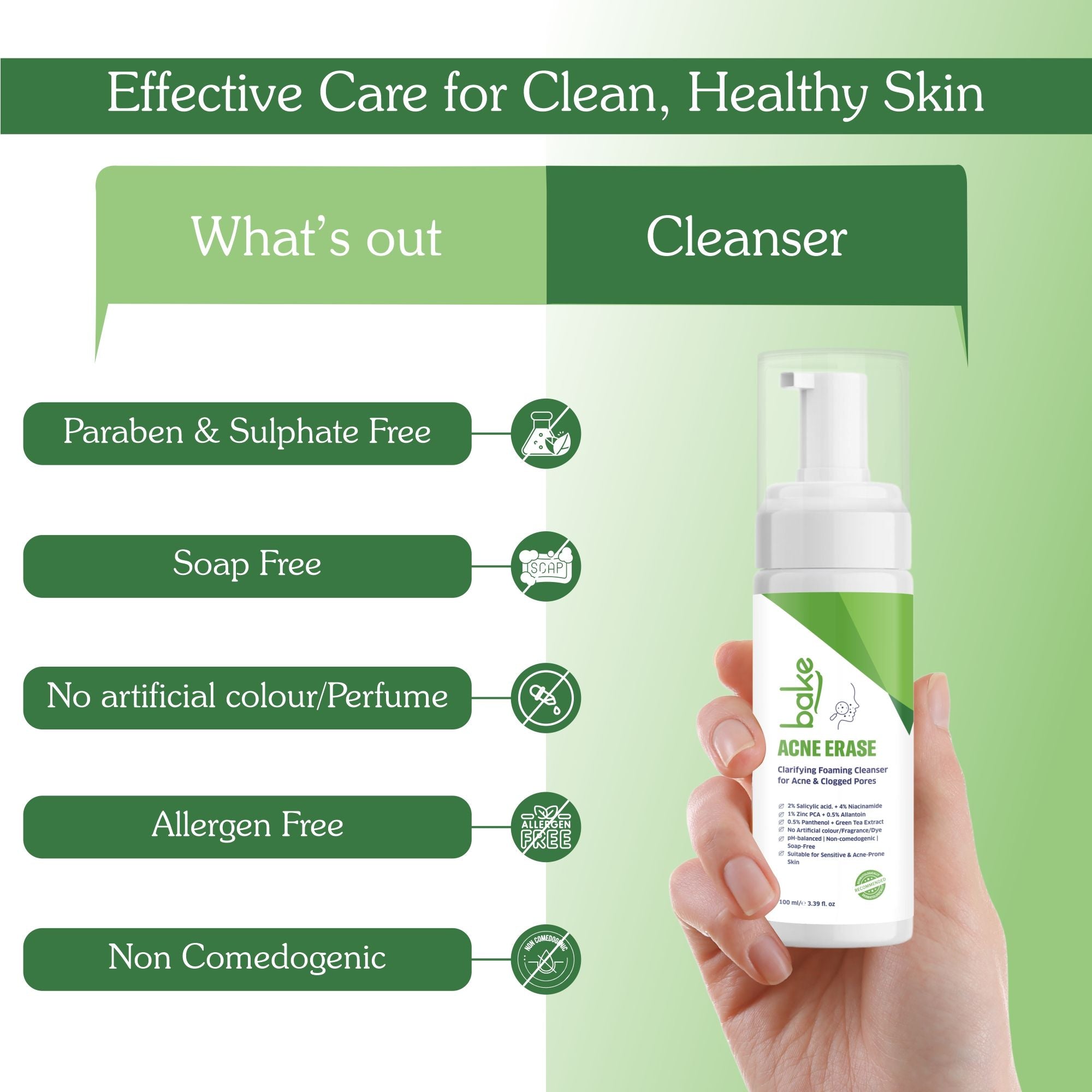 BAKE Acne Erase Foaming Cleanser with 2% Salicylic Acid for Acne, Clogged Pores & Oil Control