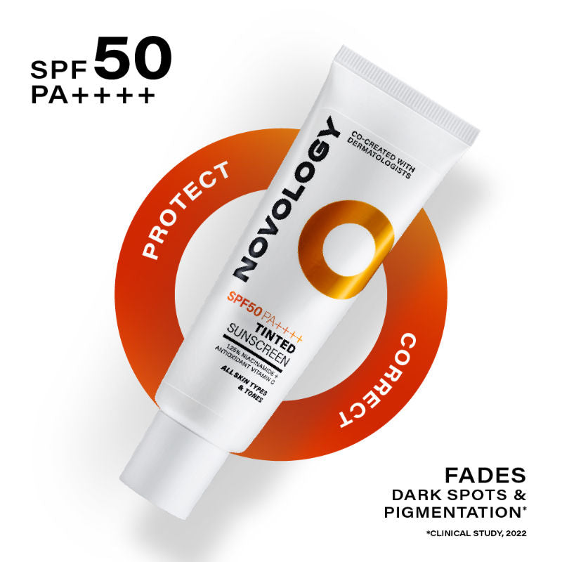 Novology SPF 50 PA++++ Tinted Sunscreen For Pigmentation, For All Skin Types, Natural Finish