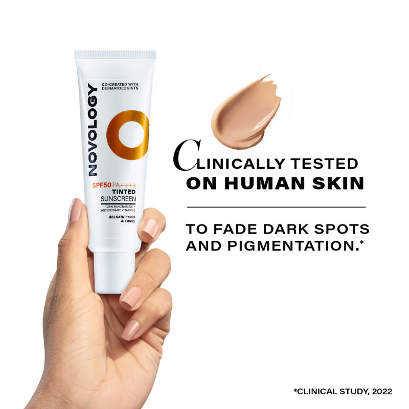 Novology SPF 50 PA++++ Tinted Sunscreen For Pigmentation, For All Skin Types, Natural Finish