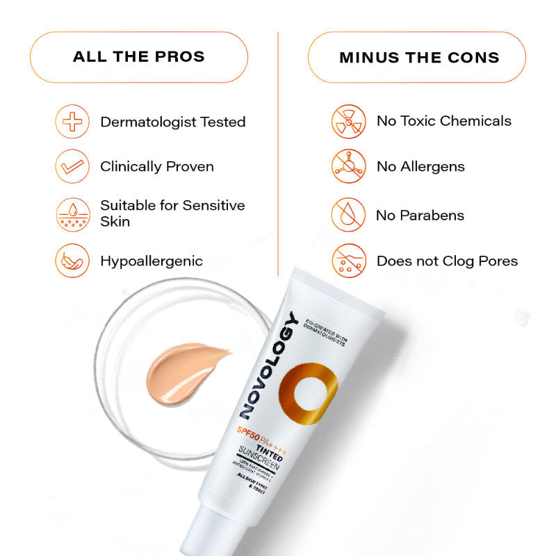 Novology SPF 50 PA++++ Tinted Sunscreen For Pigmentation, For All Skin Types, Natural Finish