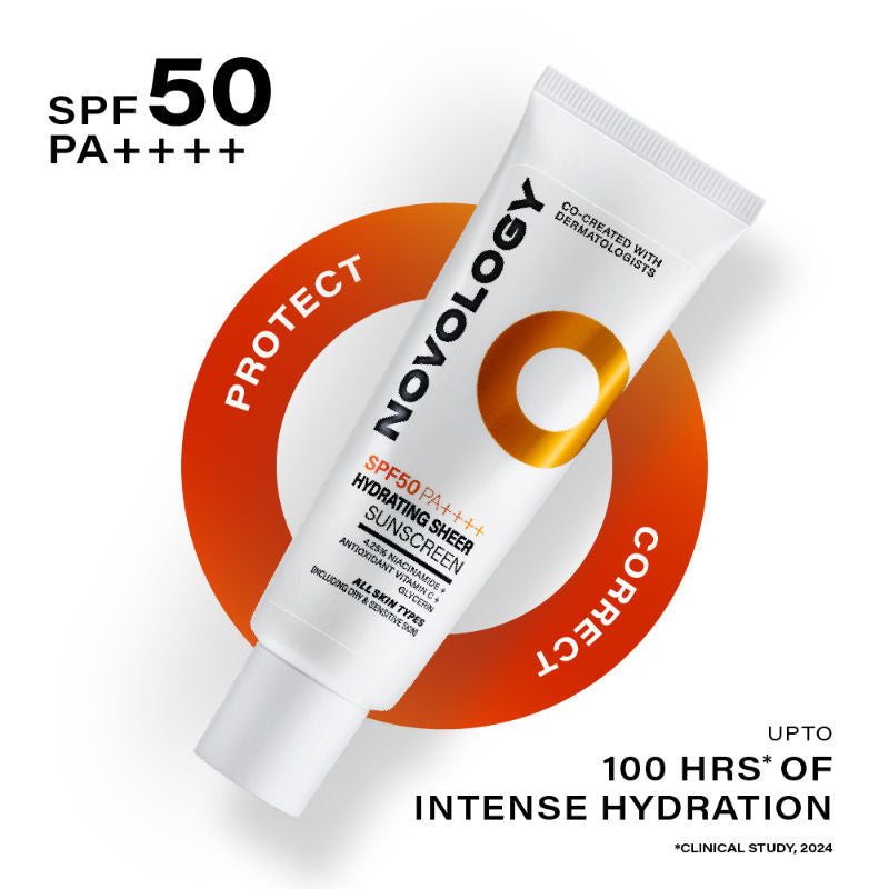 Novology SPF 50 PA++++ Hydrating Sheer Sunscreen With Niacinamide For Dry Skin, Non Sticky